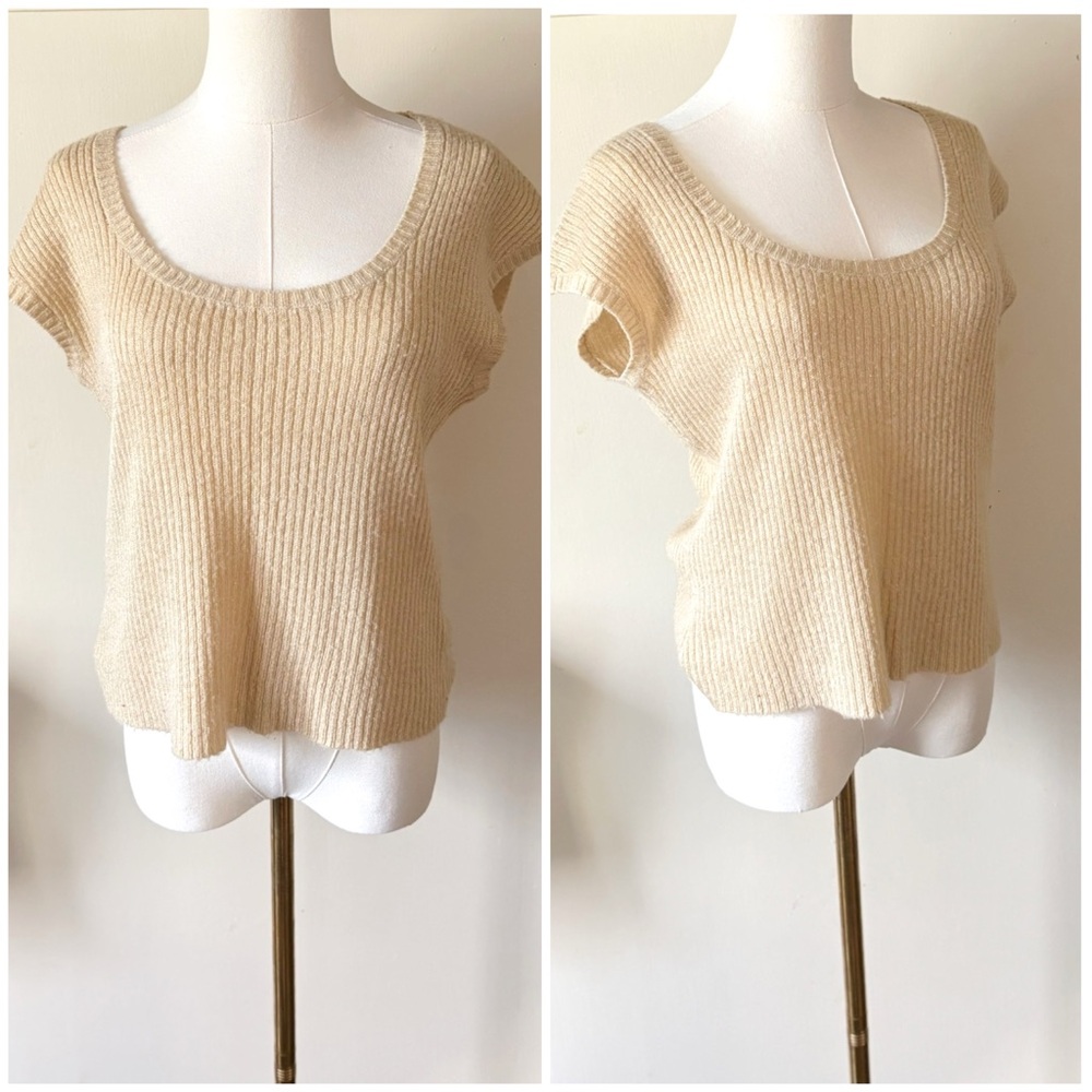 Vintage 90s Creamy Tan Ribbed Knit Cap Sleeve Sweetheart Neutralβ Top